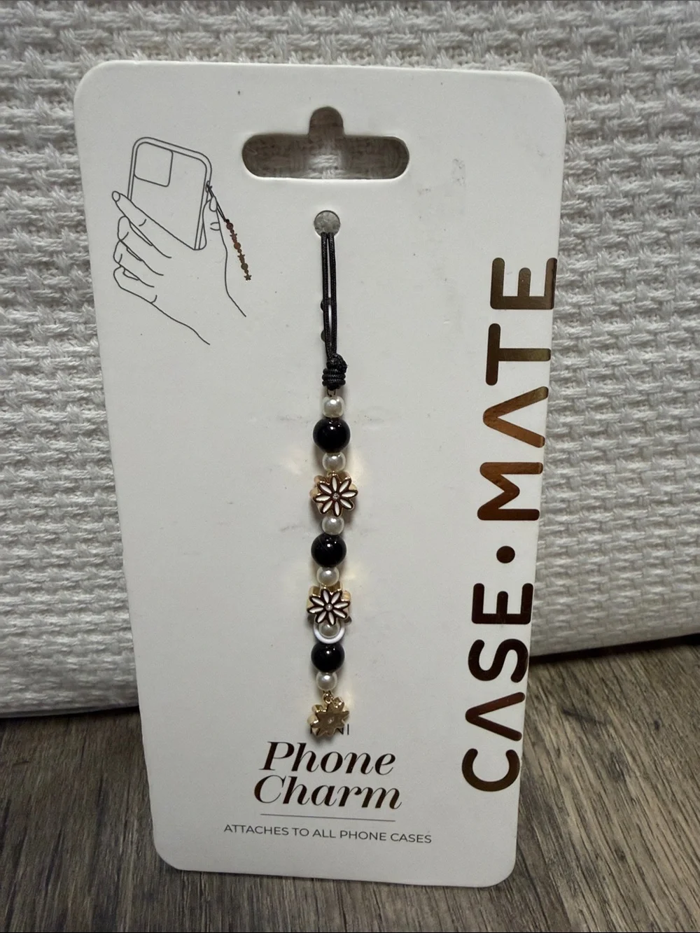 Black & Pearl Beaded Mini Phone Charm with Gold Flower Accents